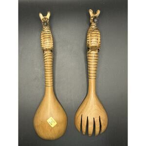 Pair Of Handcarved Kenyan Striped Zebra Wooden Salad Tongs Kenya